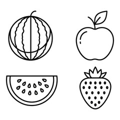 Vector art of line art of watermelon, apple, strawberry, and watermelon slice