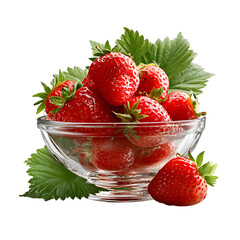 Strawberries in Glass Bowl with Fresh Leaves, Healthy Summer Fruit, isolated on transparent background