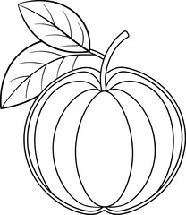 Simple outline sketch of ambarella fruit with stem and leaves minimal tropical fruit drawing for coloring projects