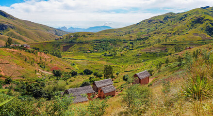 Typical Madagascar landscape in region near Sendrisoa, small hills with terrace fields, straw roof...