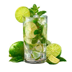 Refreshing Mojito Cocktail with Lime and Mint in Glass, Summer Vibes, isolated on transparent background
