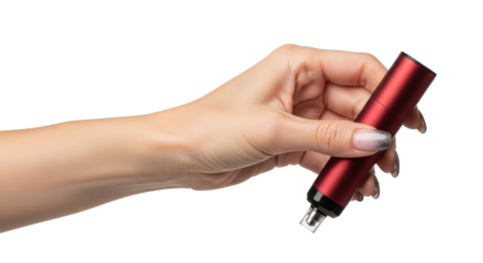 Isolated woman's hand holding a red pod system vape pen, modern smoking, vaporizing device