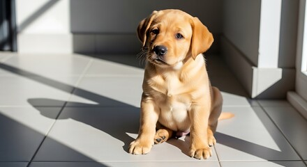 Adorable Golden Labrador Puppy Sitting on Tiled Floor in Sunlight with Shadows