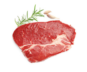 Piece of raw beef meat and spices isolated on white, top view