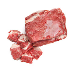 Pieces of raw beef meat isolated on white, top view