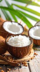 Fresh coconut and shredded coconut, with nuts and green foliage