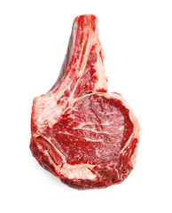 Piece of raw beef meat isolated on white, top view