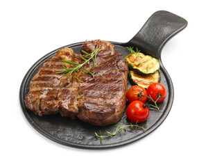 Delicious grilled beef steak with rosemary, zucchini and tomatoes isolated on white