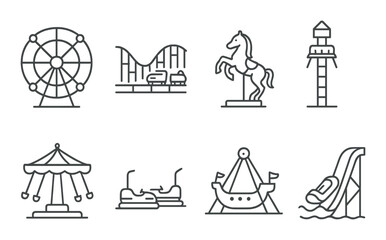 Amusement park icons set featuring ferris wheel roller coaster carousel bumper cars