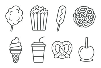 Outline icons: cotton candy, popcorn, corn dog, spiral potato, ice cream, drink, pretzel, candy apple