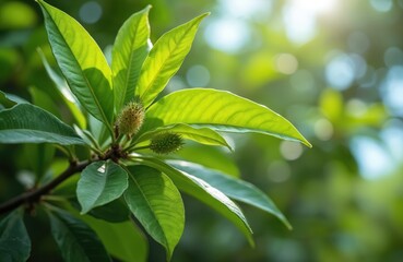 Obraz premium Close up of clove leaves on a tree branch with fresh green leaves and buds. Clove is known as a spice and a cooking ingredient. Botanical photo of Syzygium aromaticum