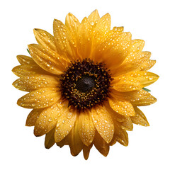 Sunflower Bloom with Dewdrops on Yellow Petals, Summer Nature, isolated on transparent background