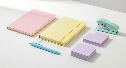Arrangement of stationery items on a white surface, featuring a pink notebook, yellow notebook, light blue pen, two stacks of purple sticky notes, and a light green stapler, creating a soft and organi