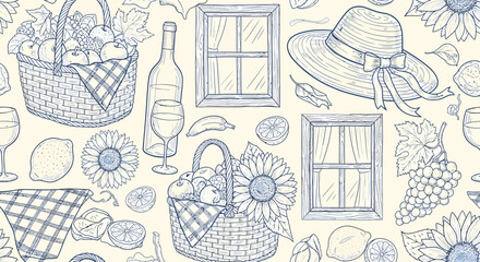 Seamless pattern with hand-drawn picnic items, summer elements, and rustic details in blue line art on a light background.