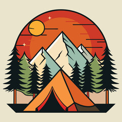 Vibrant sunset over mountains with a tent and pine trees in a stylized illustration