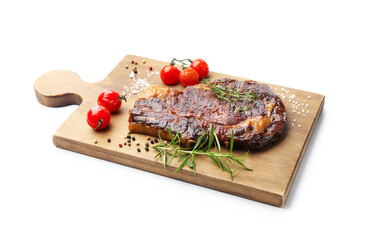 Delicious grilled beef steak with herbs, spices and tomatoes isolated on white