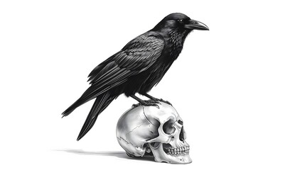 Obraz premium A solemn raven perched atop a skull, observing from its morbid throne, a symbol of mystery and demise.