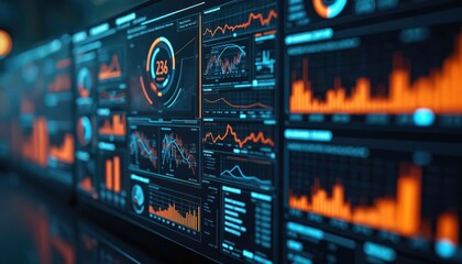 Futuristic financial data dashboard. Digital graphs, charts display business stats. Info graphics visualize number data on computer screen. Stock exchange market analysis. High tech interface for