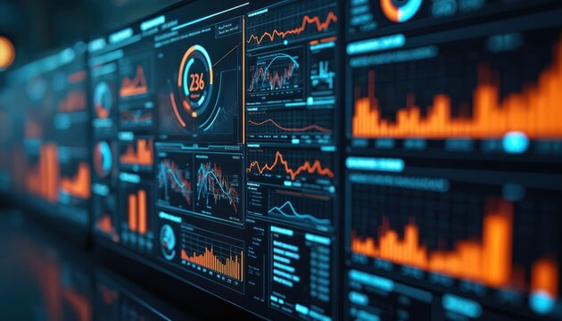 Futuristic financial data dashboard. Digital graphs, charts display business stats. Info graphics visualize number data on computer screen. Stock exchange market analysis. High tech interface for - Powered by Adobe