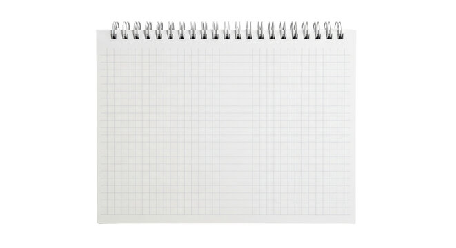 Isolated blank notepad sheet, math paper with squared grid pattern, spiral bound design