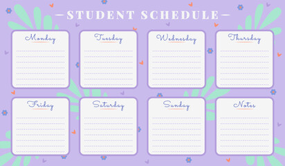 Vector student schedule template in delicate retro palette. Timetable design, weekly lesson planner with lilac background, flowers and leaves