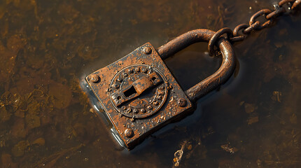 A tightly closed, rusted metal lock and chain, partially submerged in murky, brown water.
