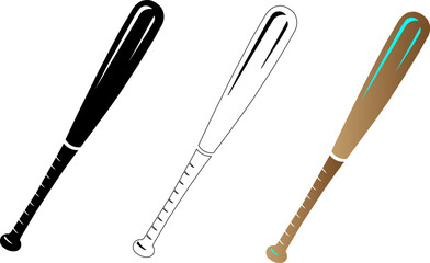Set of three different baseball bat designs, black silhouette, outline, and realistic wood style