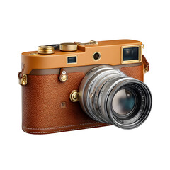 Vintage Camera with Leather Finish on Studio Display, Retro Photography Icon, isolated on transparent background