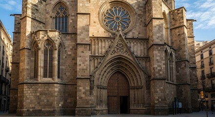 Obraz premium Magnificent facade of the gothic Barcelona Cathedral showcasing intricate architectural details and historical