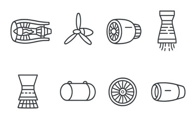 Various aircraft engine icons: jet, turboprop, rocket, turbofan, and turbojet designs