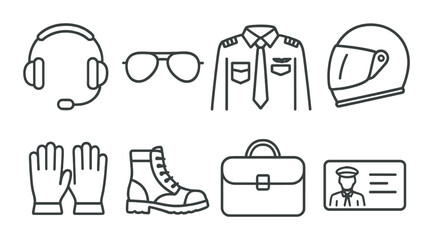 Pilot essentials icons: headset, sunglasses, uniform, helmet, gloves, boots, briefcase, id card