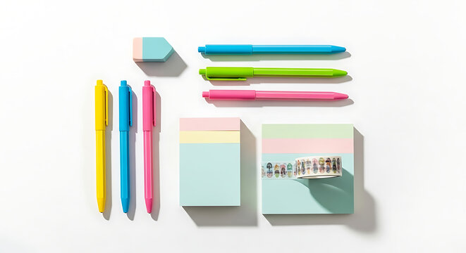 Overhead shot of colorful stationery items including pens, sticky notes, and erasers arranged neatly on a white background, creating a vibrant and organized workspace aesthetic isolated on white backg