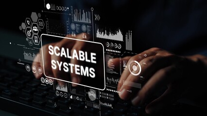 Modern Technology Concept with Hands Typing on Keyboard and Digital Graphics for Scalable Systems and Data Management. Asymptotic smart data analytic.