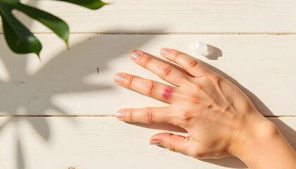 Woman's hand applying cream on white wooden surface with plant  