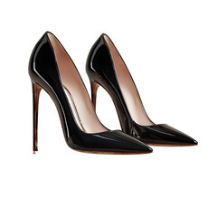 Stylish Black High Heels with Glossy Finish on Showcase Stand, Luxury Fashion Item, isolated on transparent background