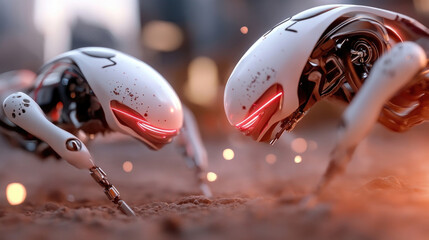 Concept of futuristic transformer robot battle in a desert with sandstorms and energy shields clashing during intense combat, cinematic sci-fi action scene with dynamic atmosphere,copy space,banner