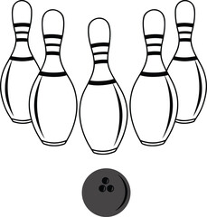 Classic bowling pins and ball illustration representing a game of ten pin bowling
