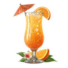 Sparkling Tropical Cocktail with Orange Slice and Umbrella Garnish in Tall Glass, Summer Party Theme, isolated on transparent background