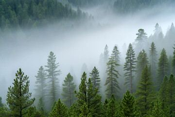 Lush evergreen pine forest emerging through thick morning fog with layered mist in tranquil light. Generative AI.