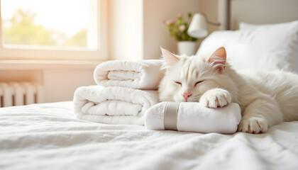 White cat resting on neatly stacked towels in bright bedroom  