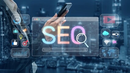 SEO concept for improving SEO visibility, with SEO related digital tools and SEO performance icons shown in an focused layout for strategic marketing. Muxer