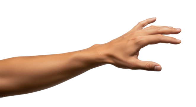 Isolated tanned arm reaches with open hand, grasping or grabbing concept on solid ground