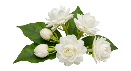 Isolated closeup of jasmine flowers with green leaves, representing natural, fresh botanical elements