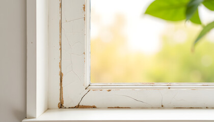 Closeup of cracked window frame with blurred greenery outside  