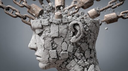 A sculptural representation of a human head breaking apart, with chains and rocks depicting the weight of mental struggles. The artwork evokes themes of freedom and liberation from internal conflicts.