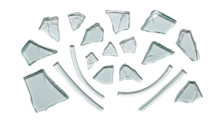 Isolated shards of broken glass, sharp and dangerous. Accident aftermath cleanup caution scene