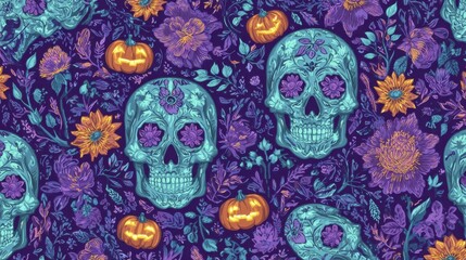Fototapeta premium Vibrant Spooky Halloween Decor with Ornate Skulls Glowing Pumpkins and Autumn Flowers