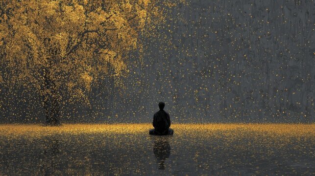Eerie golden lights shimmer around a solitary figure under a haunted tree on a dark, mystical night