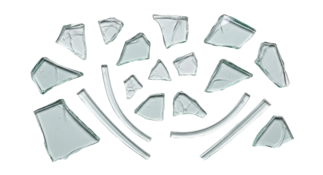 Isolated shards of broken glass, sharp and dangerous. Accident aftermath cleanup caution scene