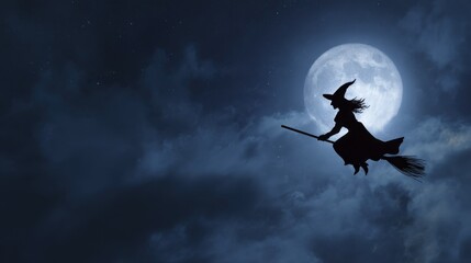 Naklejka premium of a Flying on a Broomstick at Night with Full Moon